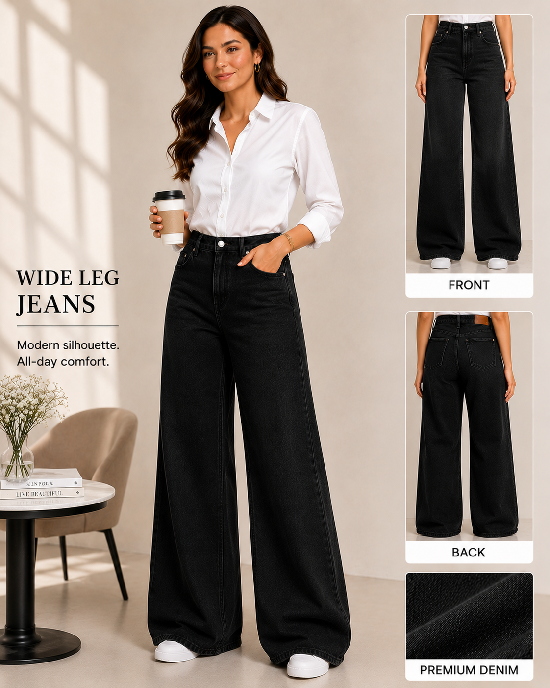 Women's Wide Leg Jeans in Black — Modern Silhouette, All-Day Comfort