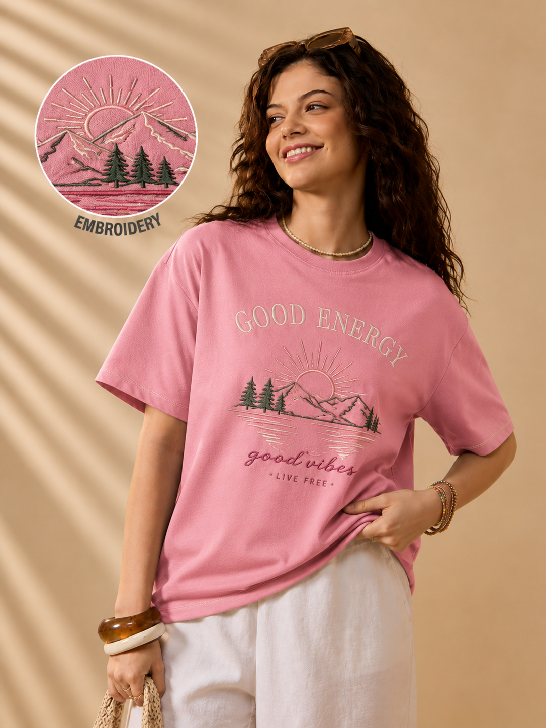 Good Energy Embroidered Tee – Dusty Pink