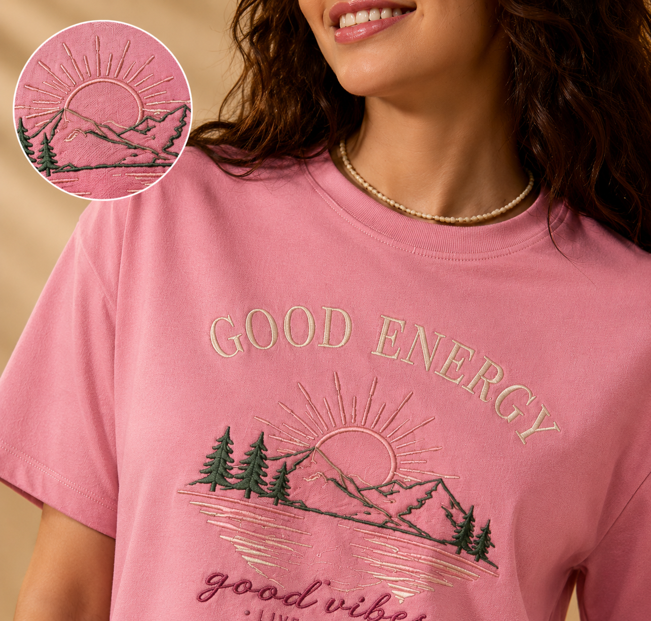 Good Energy Embroidered Tee – Dusty Pink
