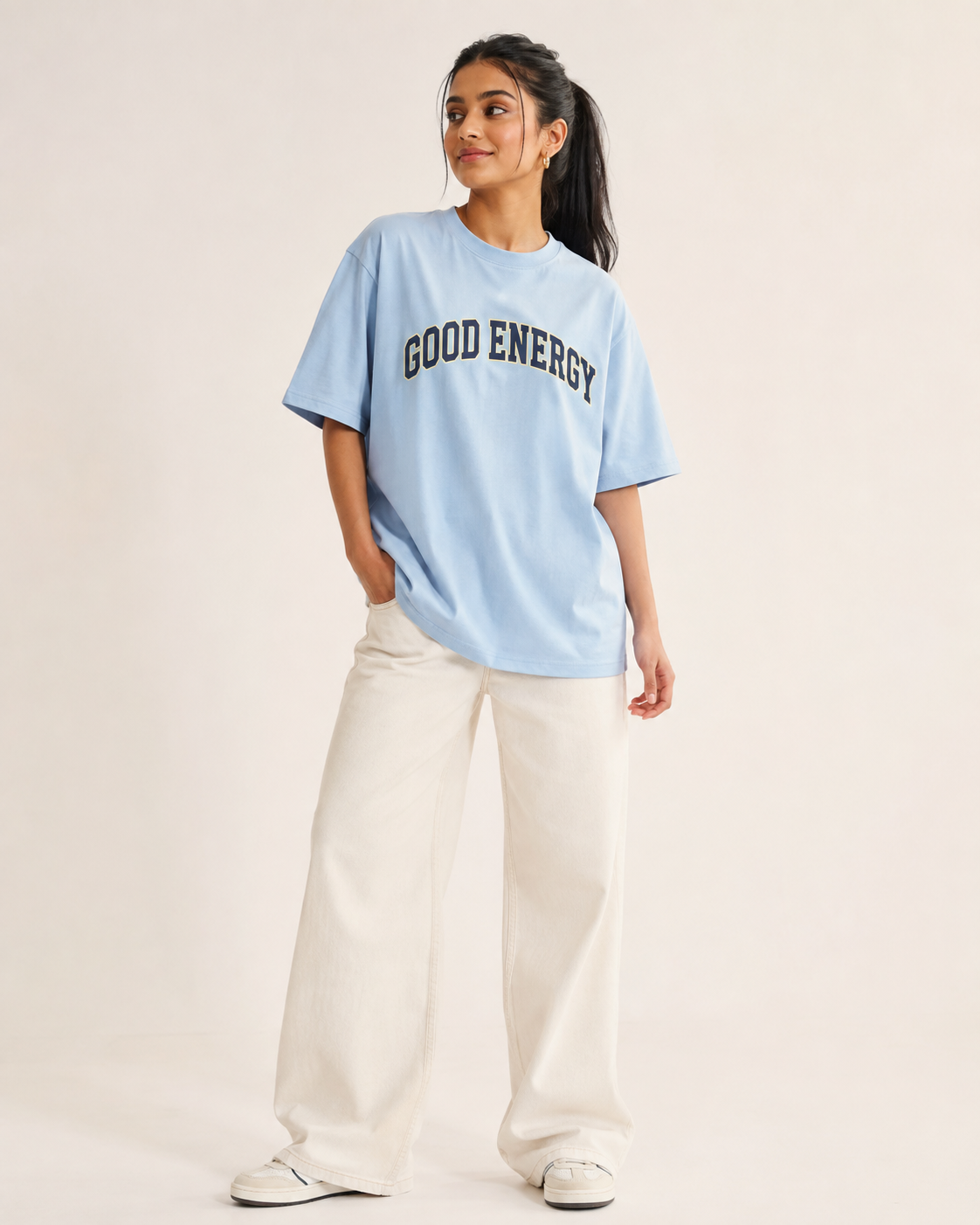Indian model wearing Good Energy powder blue oversized T-shirt