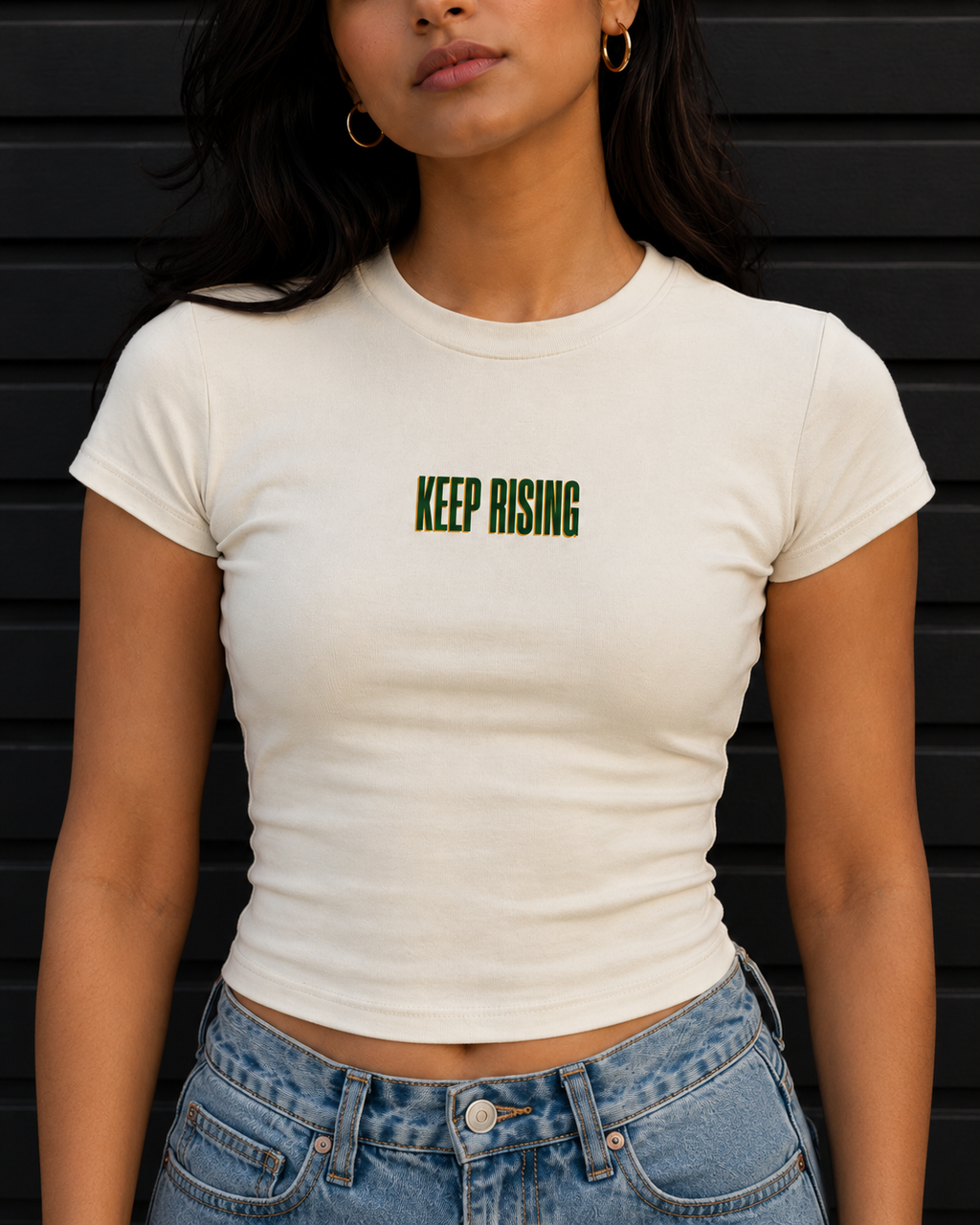 Keep Rising Fitted Baby Tee – Cream – graphic close-up