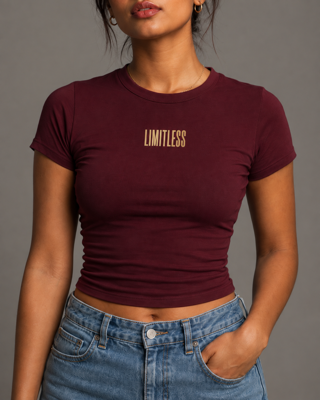 Limitless Fitted Baby Tee – Burgundy – graphic close-up
