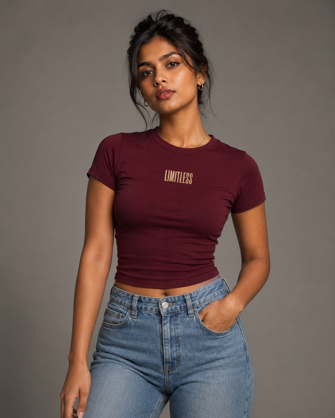 Limitless Fitted Baby Tee – Burgundy – front view