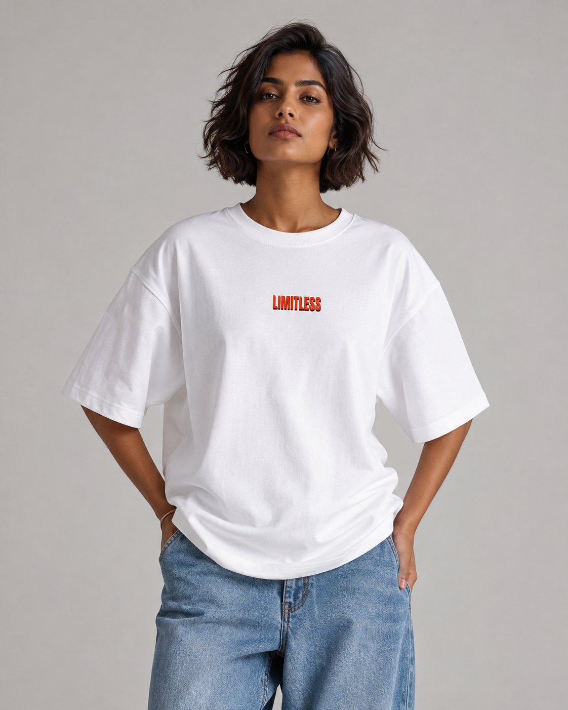 Indian model wearing Limitless white oversized T-shirt