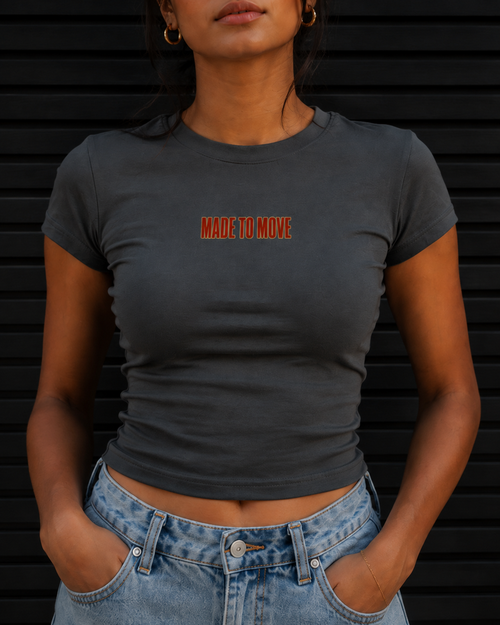 Made To Move Fitted Baby Tee – Charcoal – graphic close-up