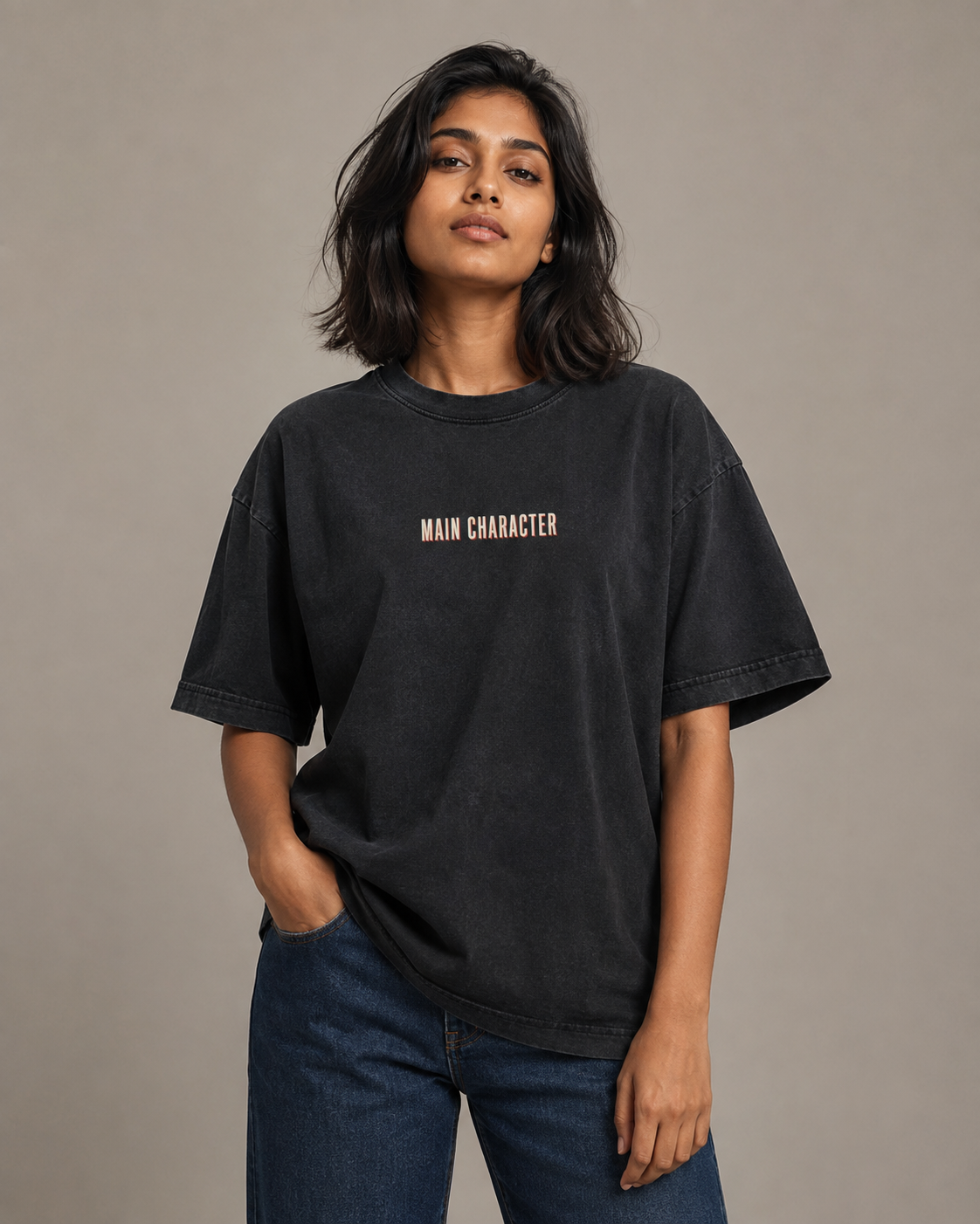 Indian model wearing Main Character washed black oversized T-shirt