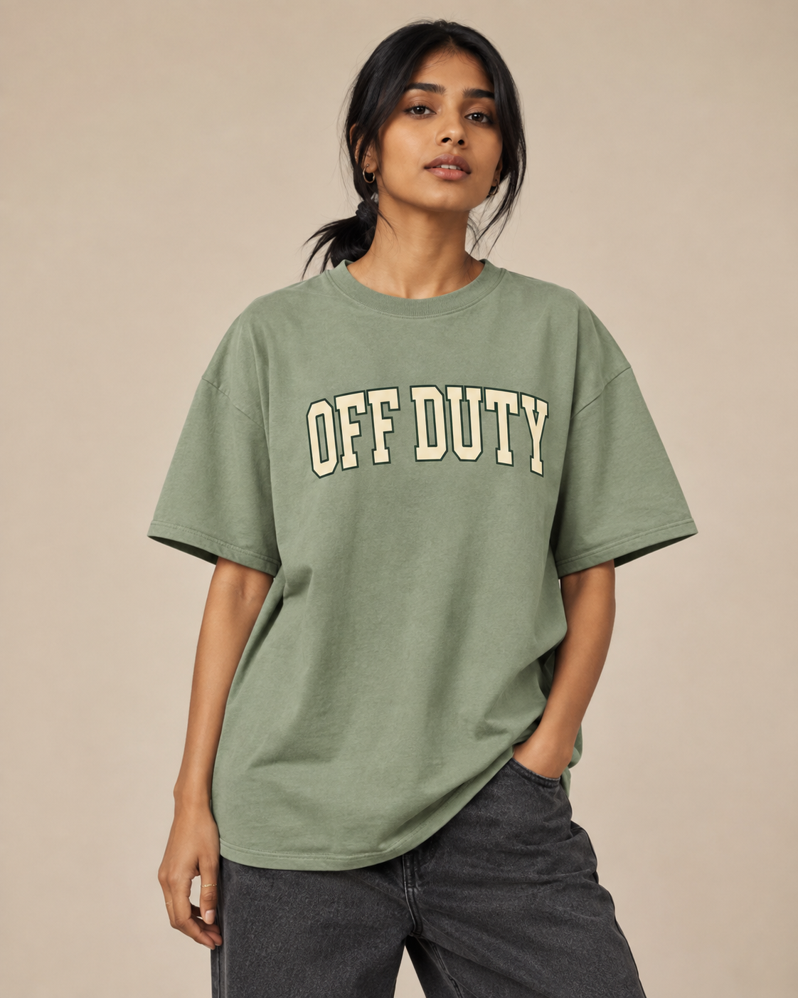 Indian model wearing Off Duty sage green oversized T-shirt