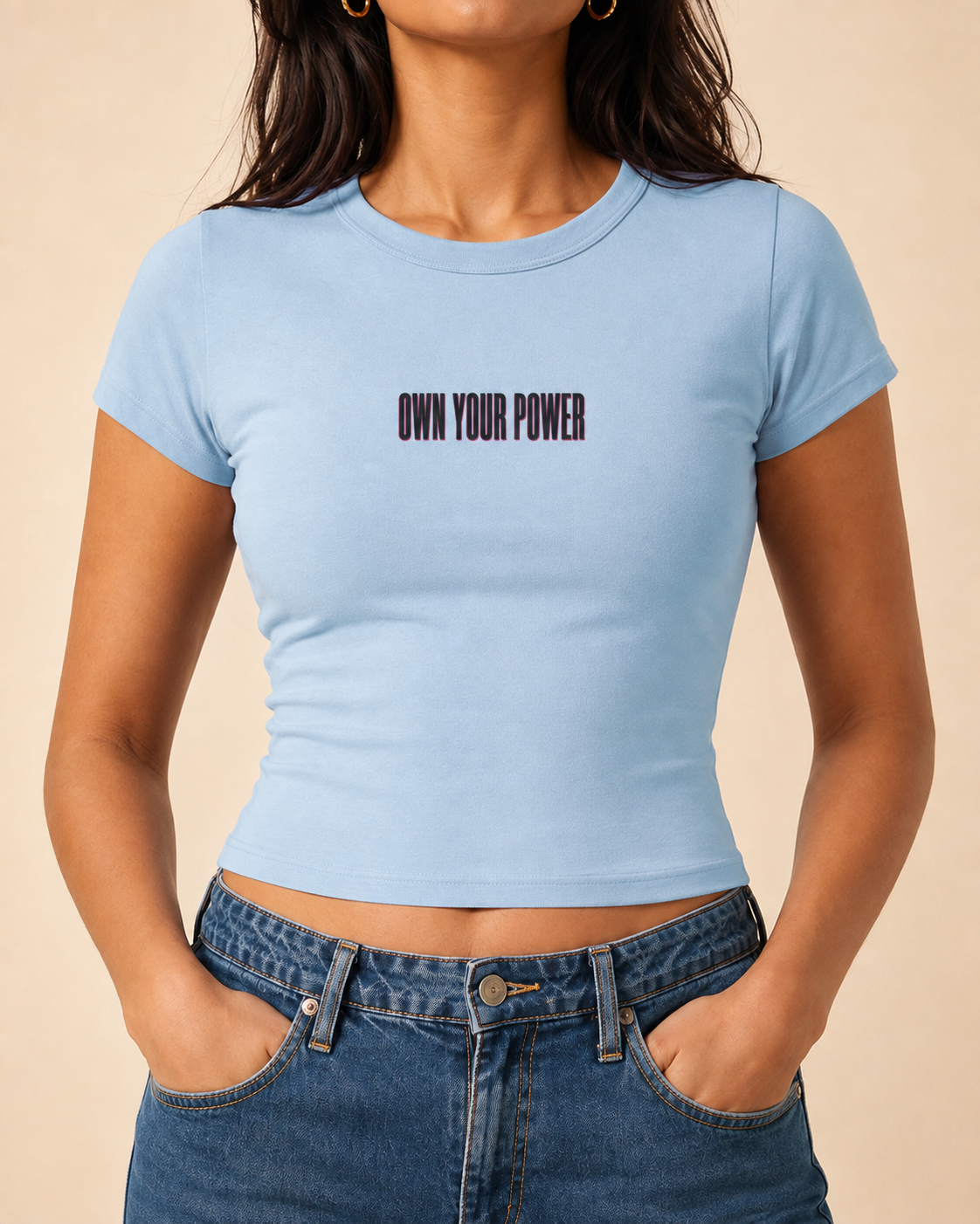 Own Your Power Fitted Baby Tee – Powder Blue – graphic close-up