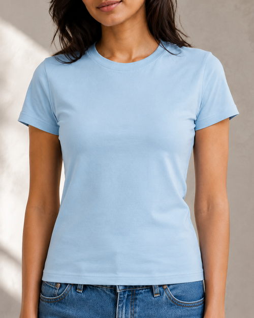 Everyday Fitted Crew-Neck Tee – Powder Blue – fabric and fit close-up