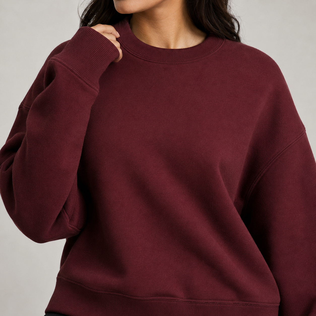 Deep burgundy premium sweatshirt brushed fleece and ribbing detail
