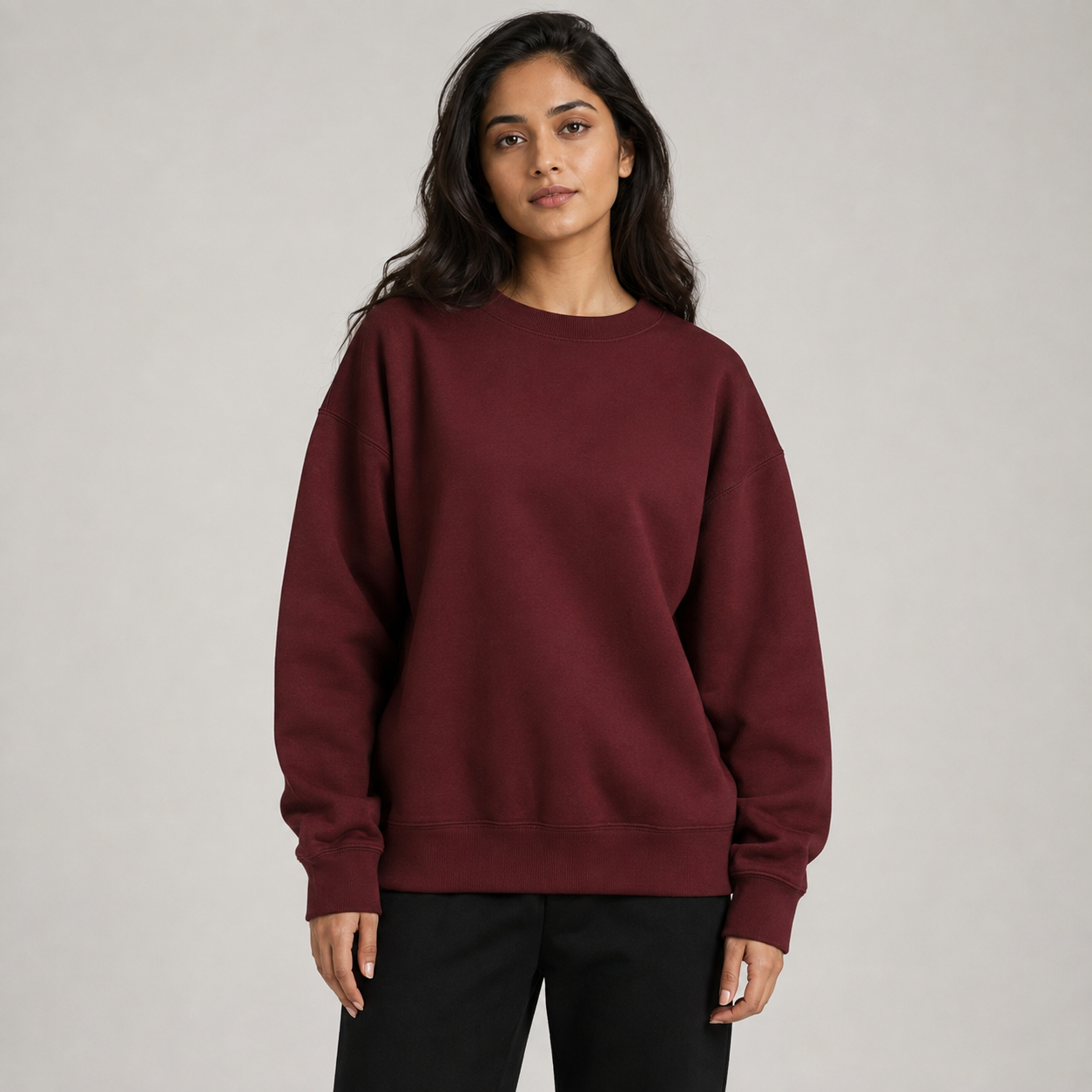 Women's premium oversized deep burgundy sweatshirt front view