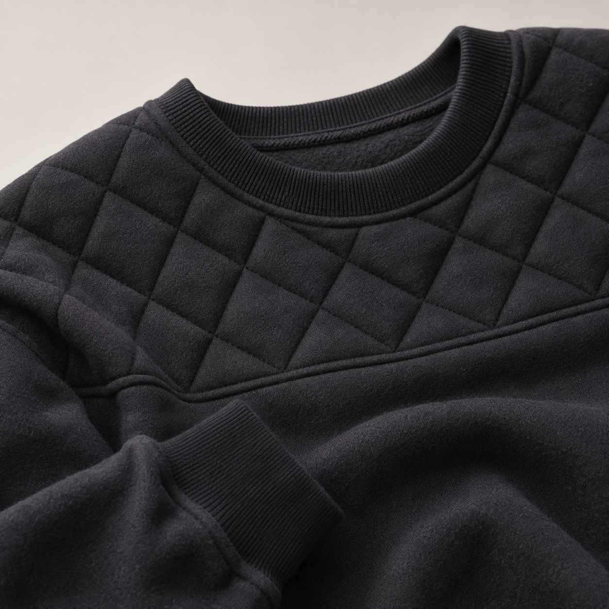 Charcoal black sweatshirt quilted yoke and brushed-fleece detail