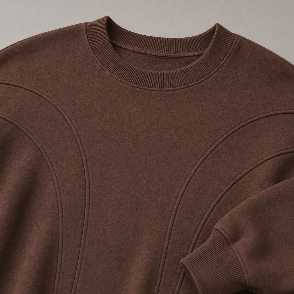 Cocoa brown sweatshirt curved panel seams and brushed-fleece detail
