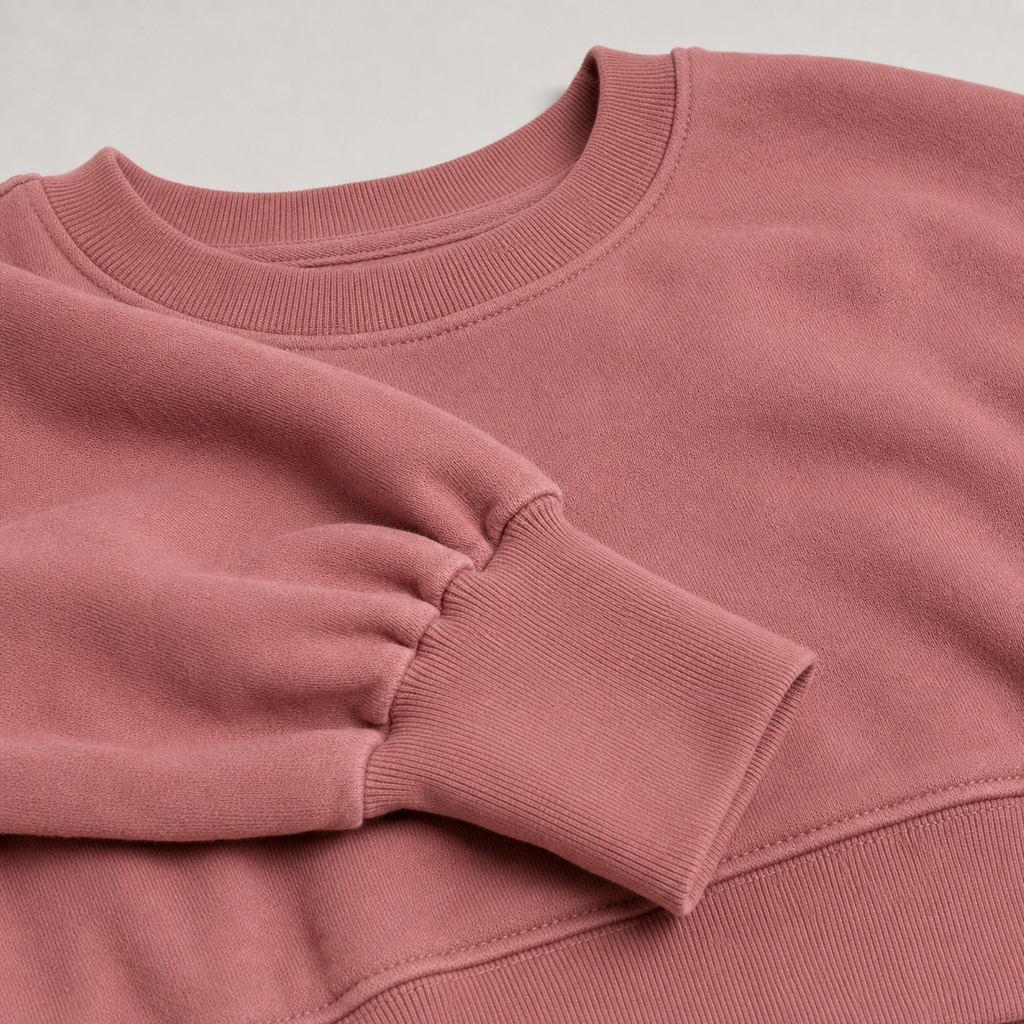 Dusty rose sweatshirt gathered sleeve and brushed-fleece detail