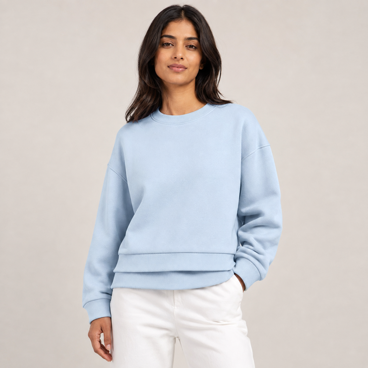 Women's premium ice blue layered-hem sweatshirt front view