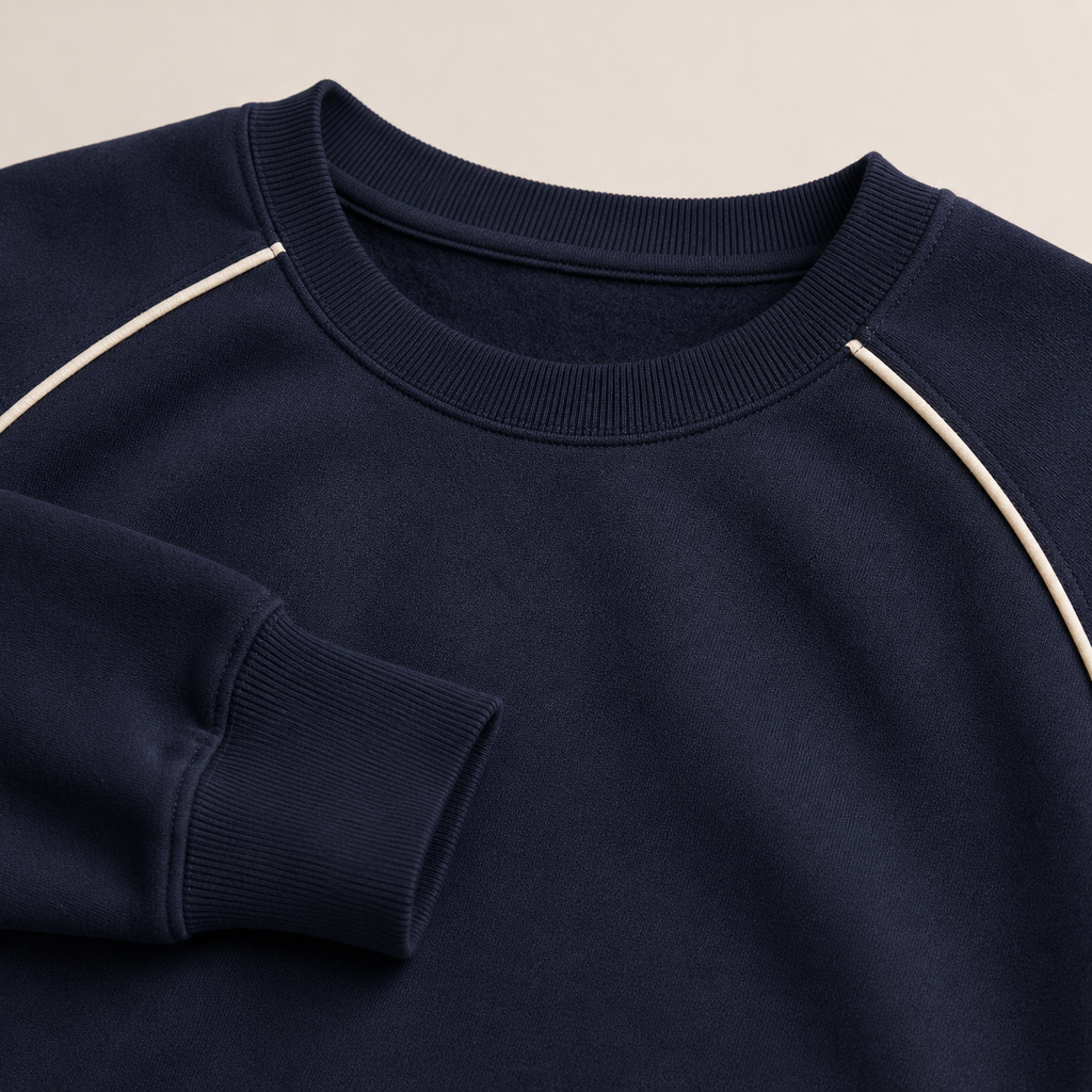 Midnight navy sweatshirt ivory piping and brushed-fleece detail