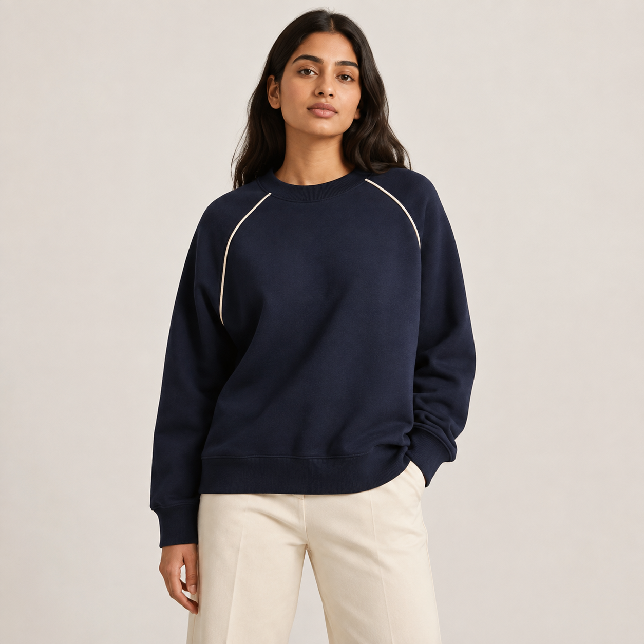 Women's premium midnight navy contrast-piped sweatshirt front view