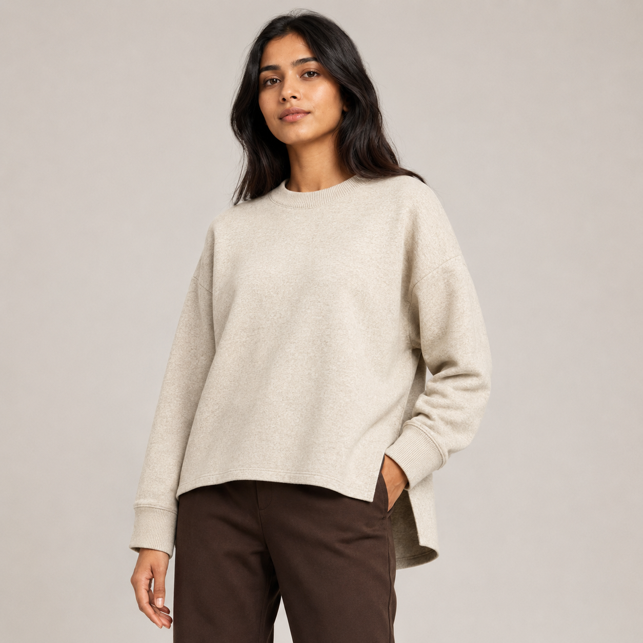 Women's premium oatmeal beige side-slit sweatshirt front view