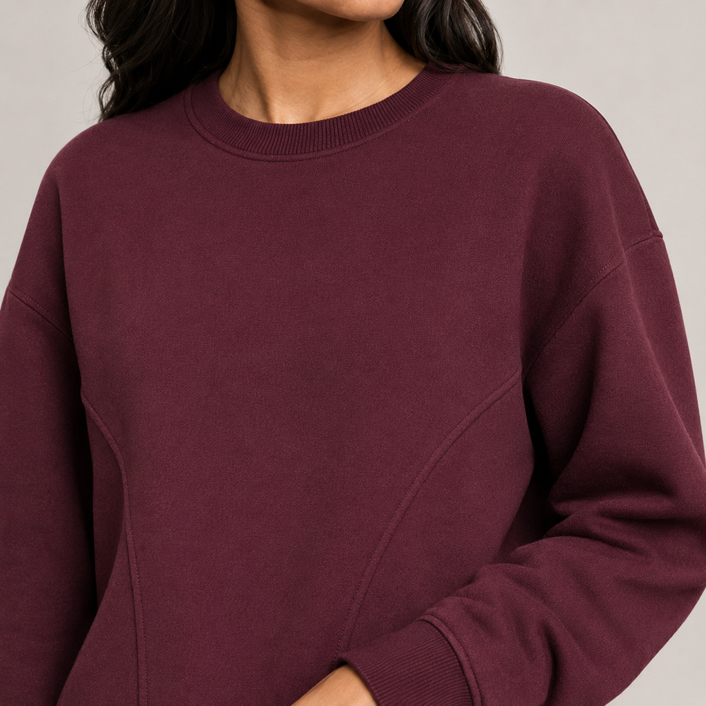 Plum wine sweatshirt curved tonal seams and brushed-fleece detail