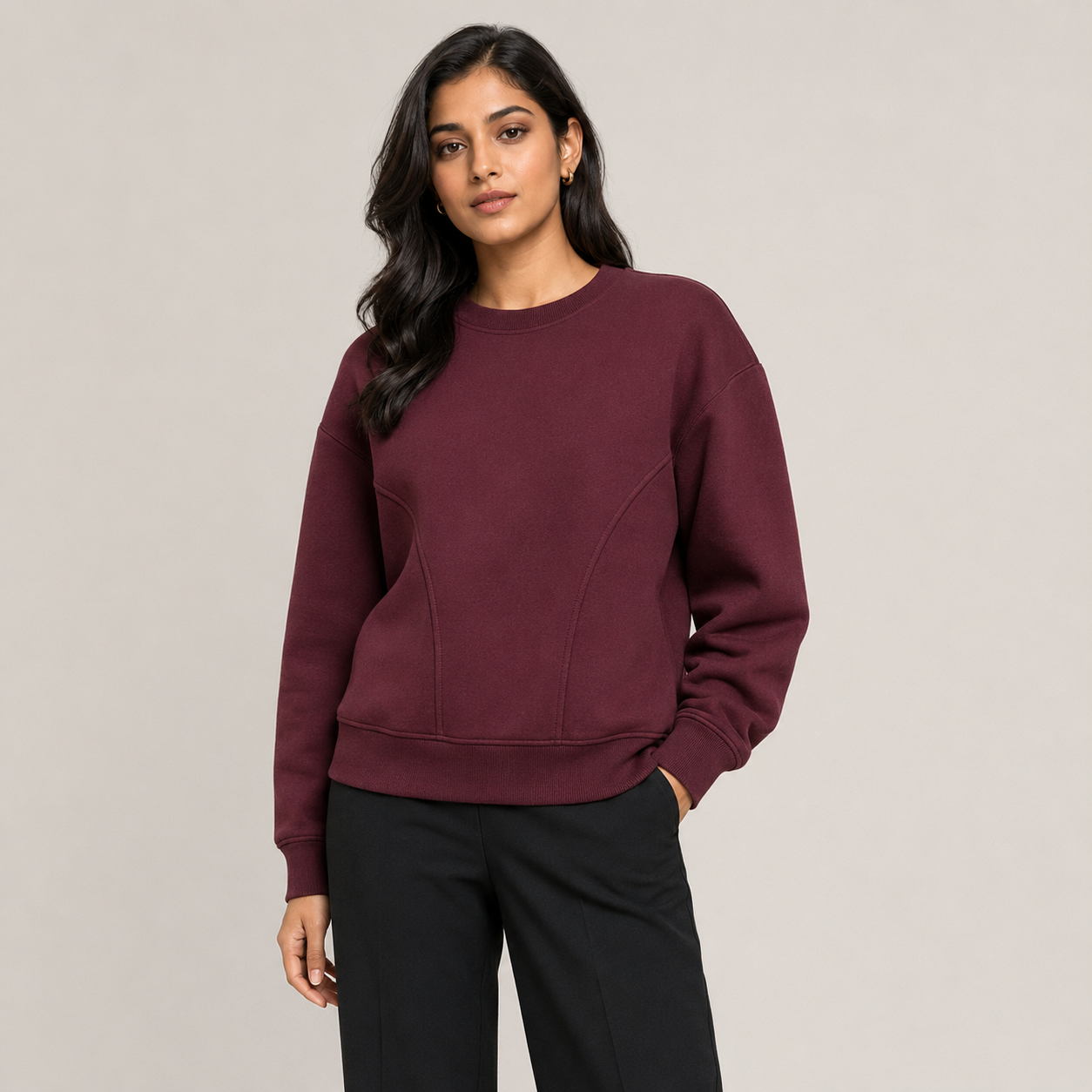 Women's premium plum wine corset-seam sweatshirt front view