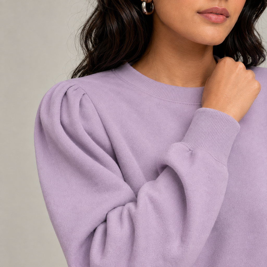 Soft lilac sweatshirt shoulder pleats and brushed-fleece detail
