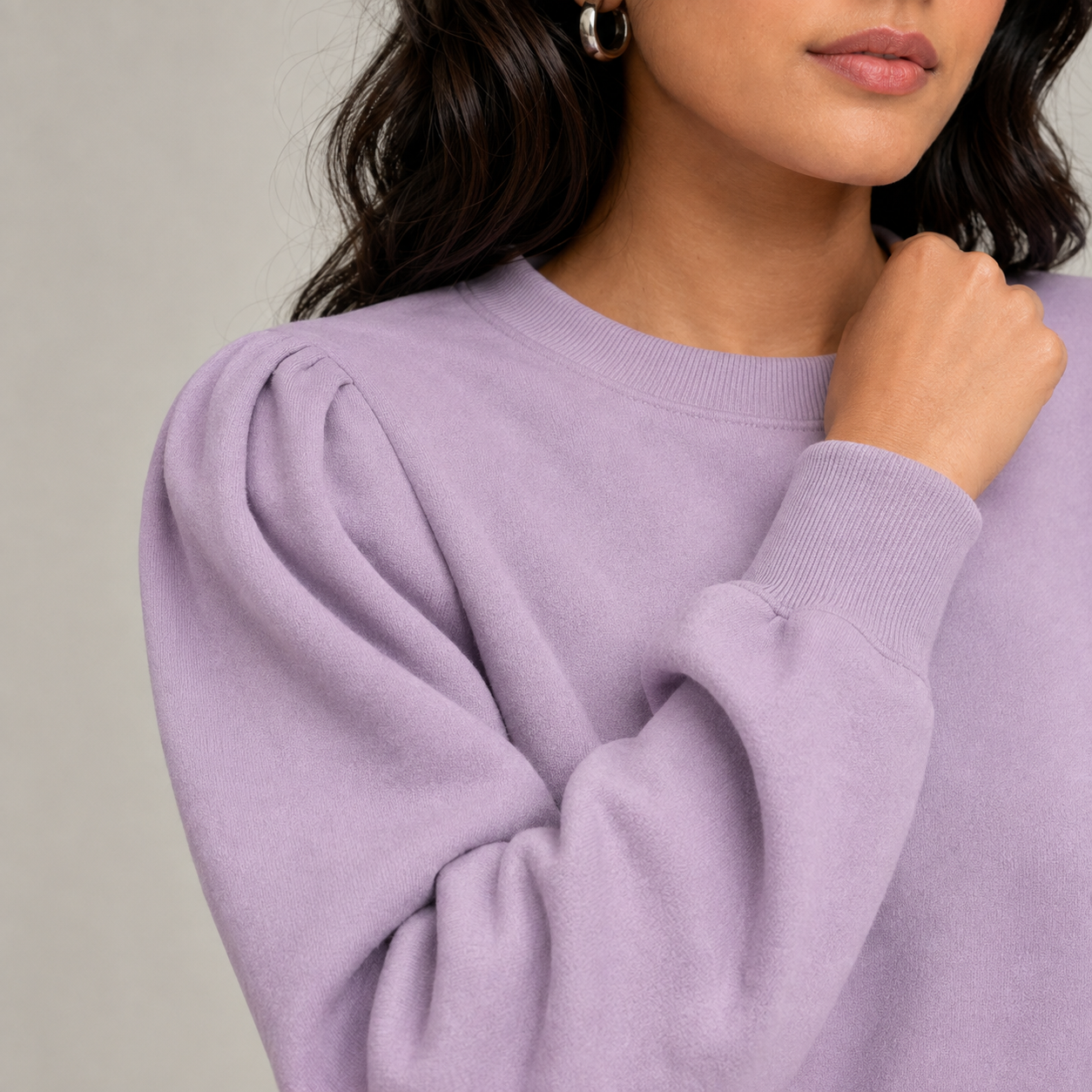 Soft lilac sweatshirt shoulder pleats and brushed-fleece detail