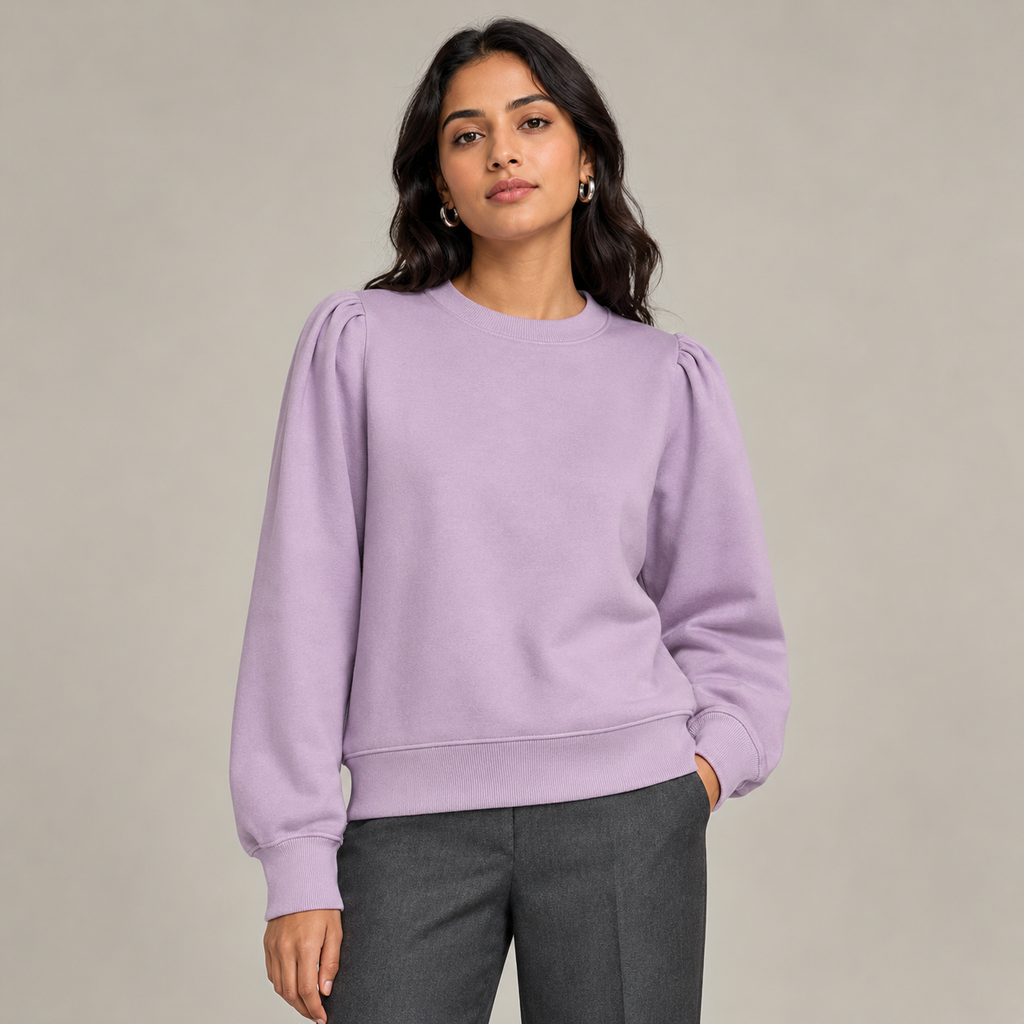 Women's premium soft lilac pleated-shoulder sweatshirt front view