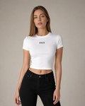 Russian fashion model wearing the white RAZE Essential Baby Tee
