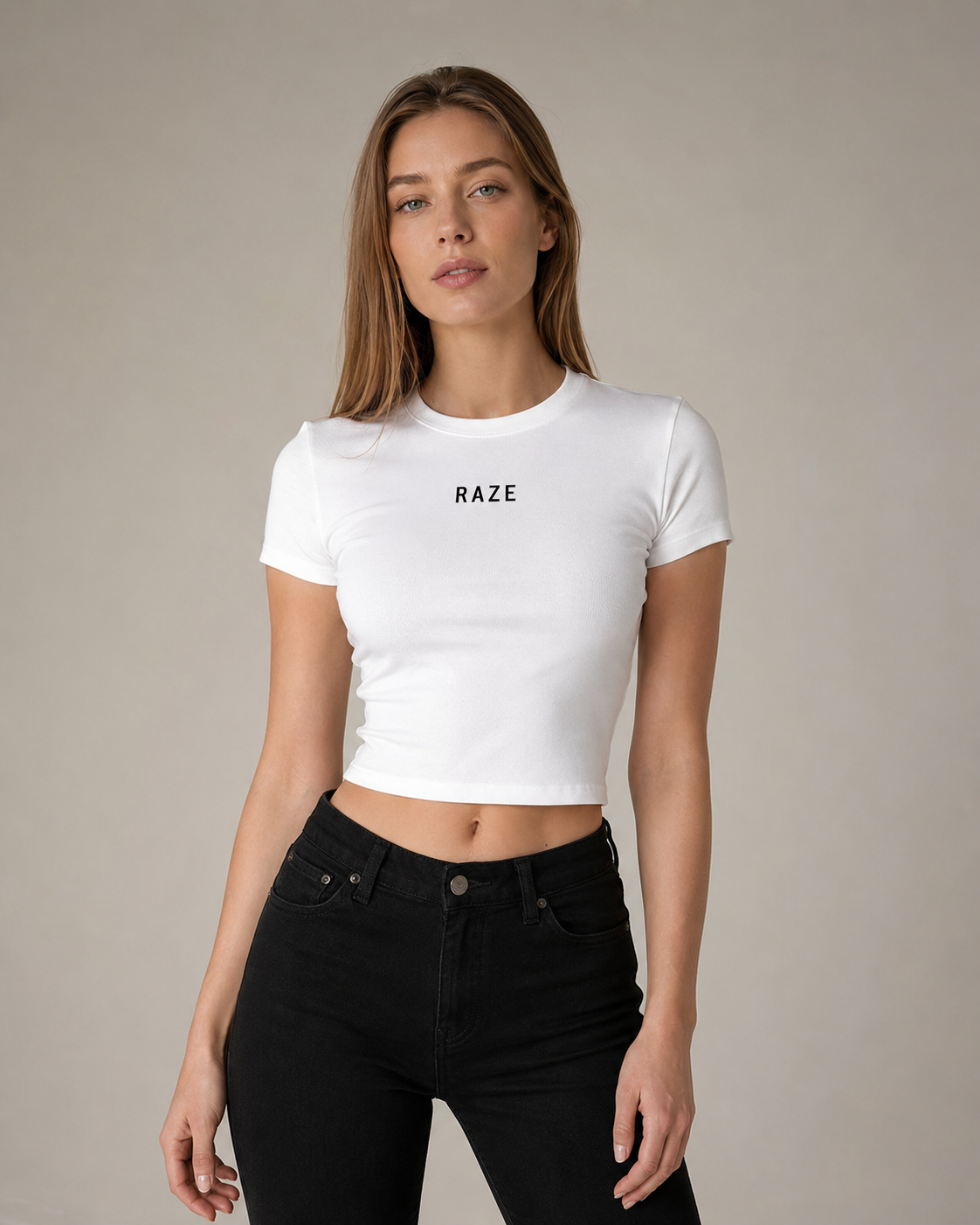 Russian fashion model wearing the white RAZE Essential Baby Tee