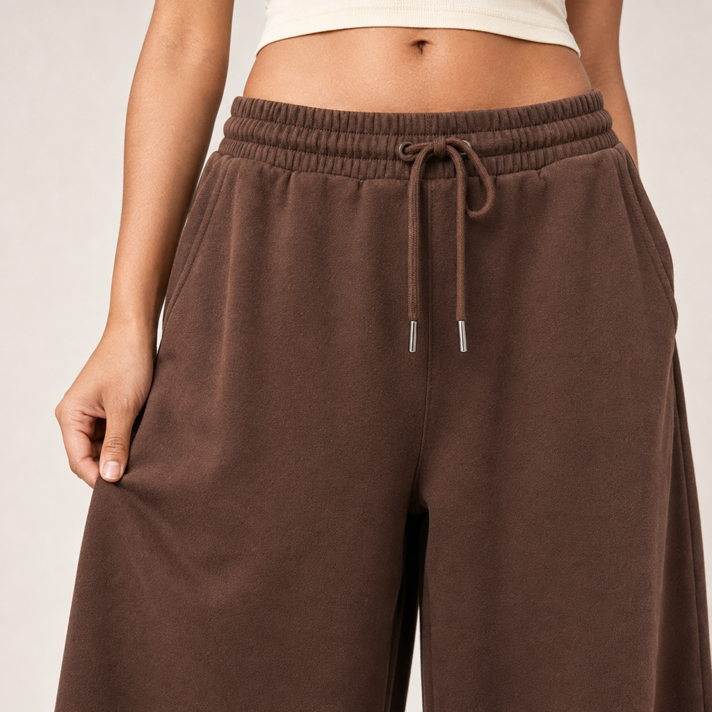 Close-up of cocoa brown baggy jogger fabric and waistband