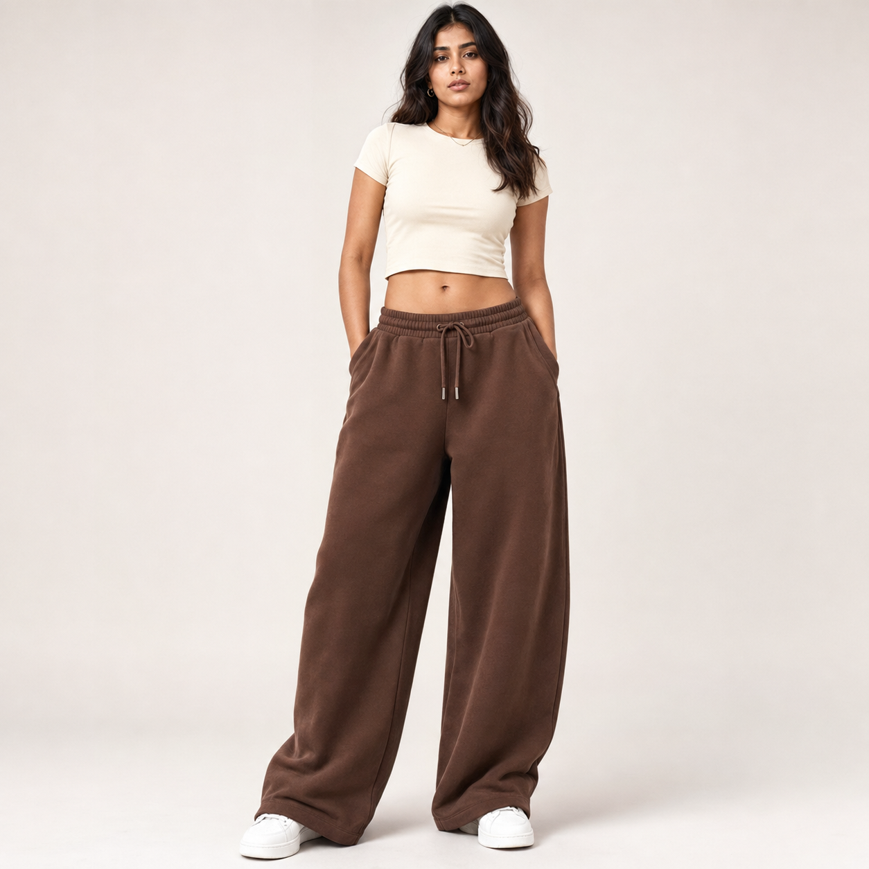 Indian woman wearing RAZE cocoa brown baggy joggers