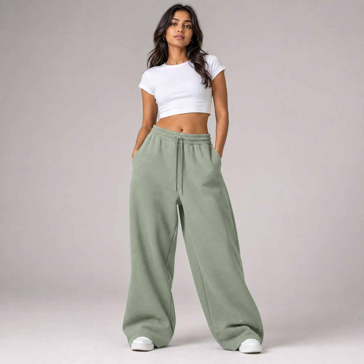 Indian woman wearing RAZE sage green baggy joggers