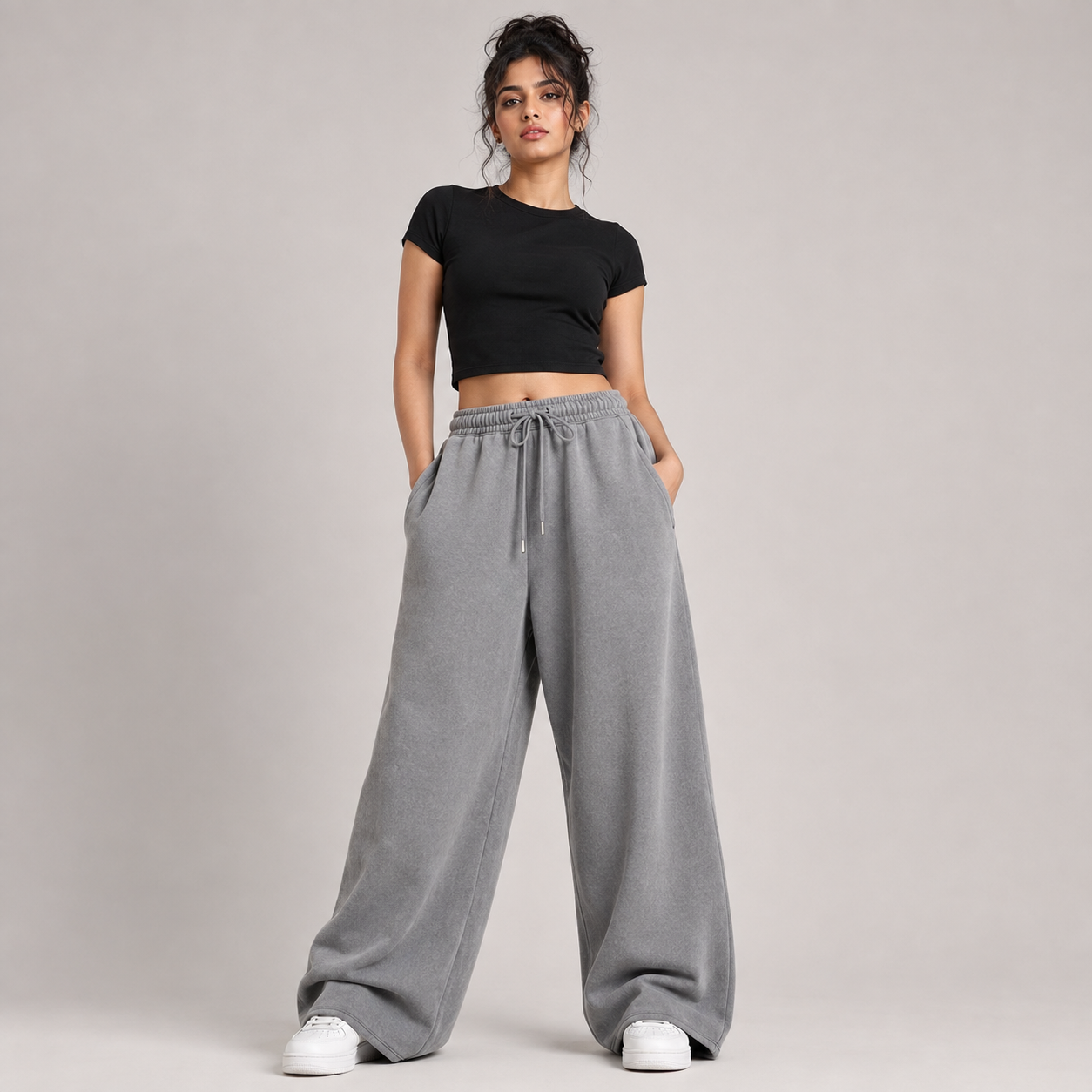 Indian woman wearing RAZE washed-grey baggy joggers