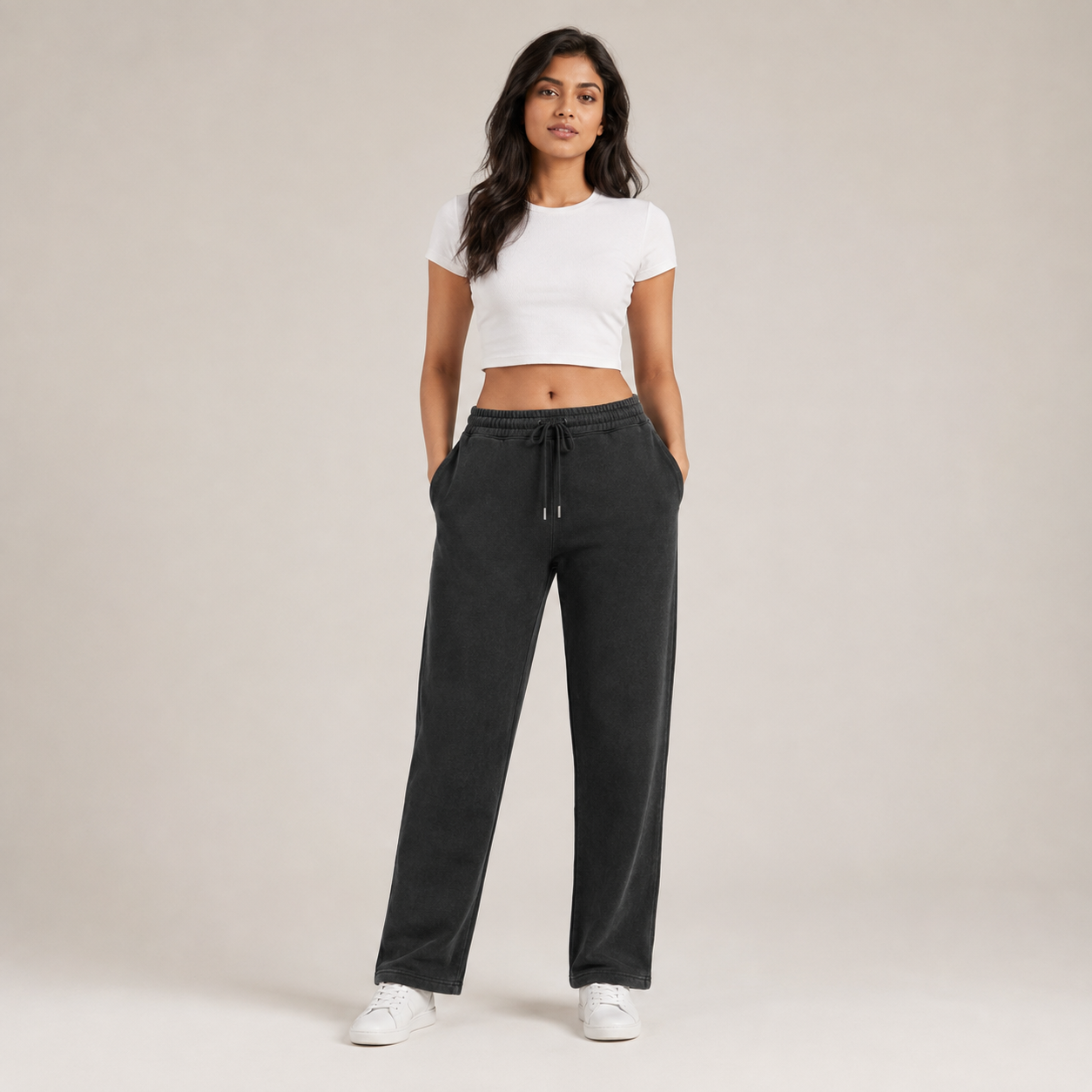 Indian woman wearing RAZE washed-black straight-fit joggers