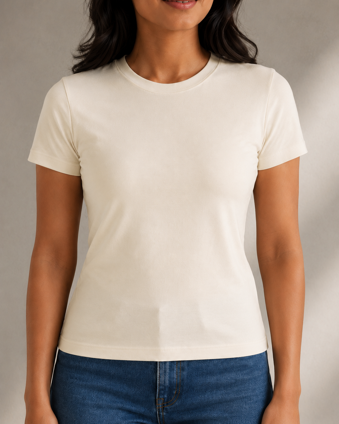 Everyday Fitted Crew-Neck Tee – Soft Ivory – fabric and fit close-up
