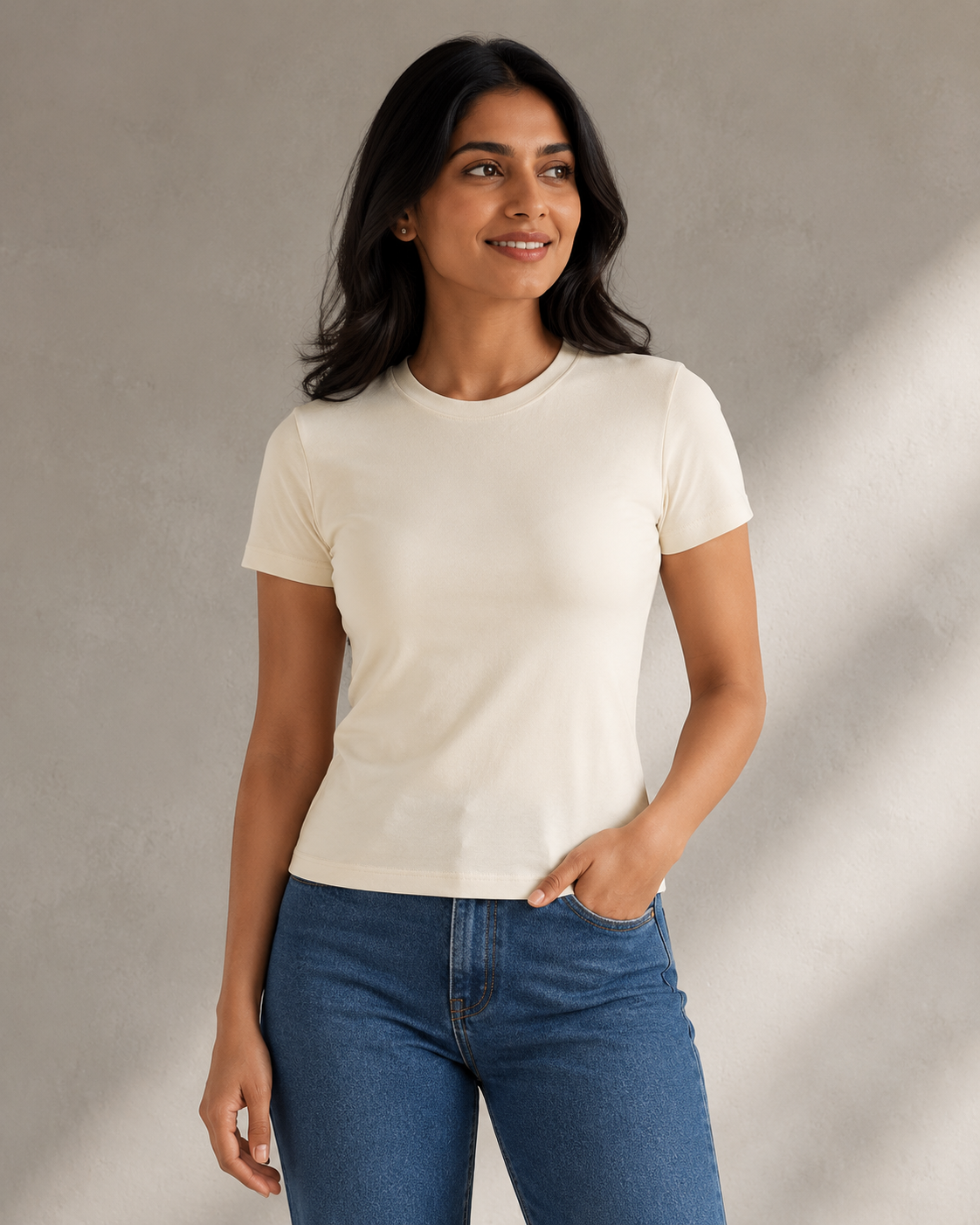 Everyday Fitted Crew-Neck Tee – Soft Ivory – model view