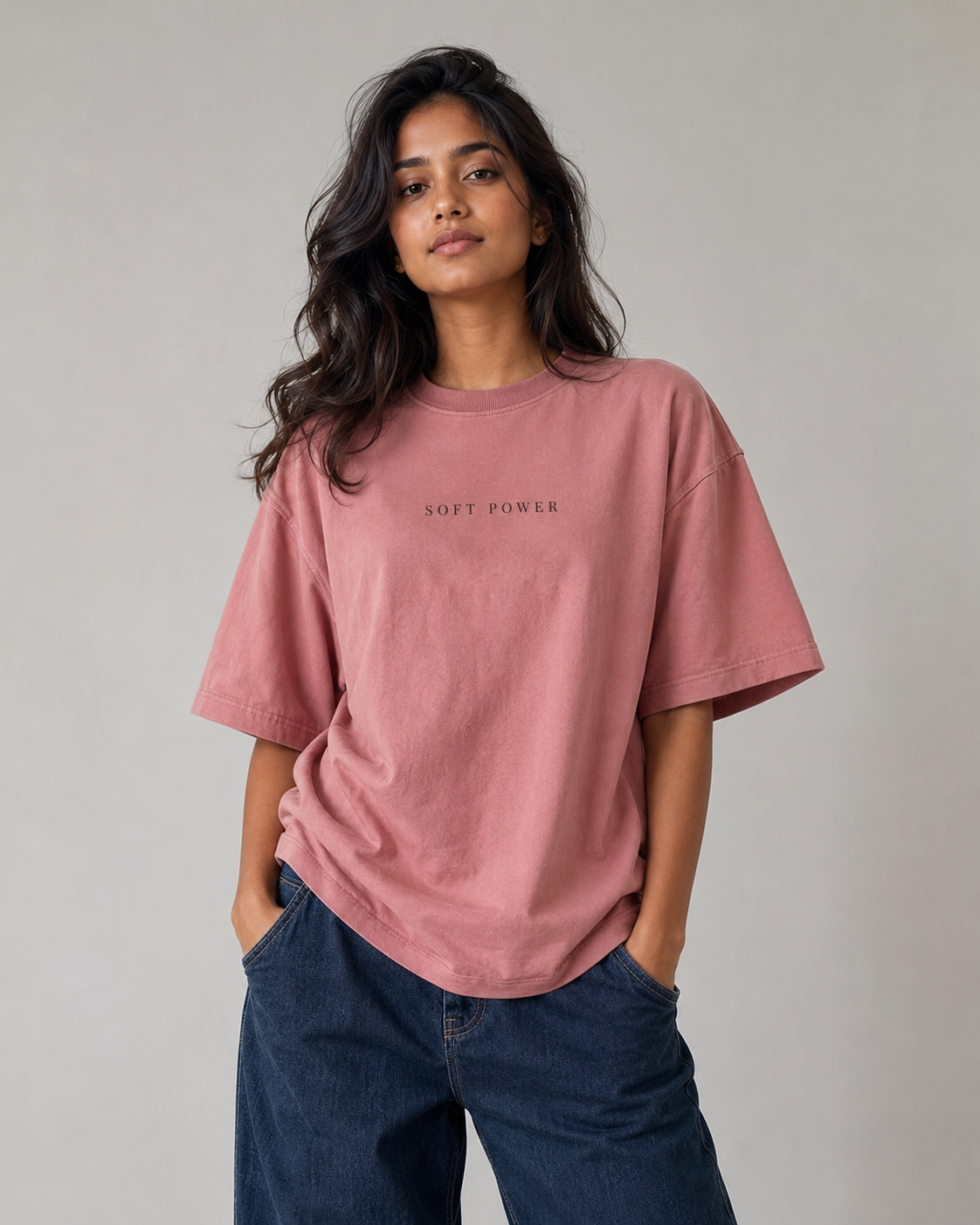 Indian model wearing Soft Power dusty rose oversized T-shirt