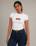 Indian model wearing RAZE Unstoppable white fitted baby tee