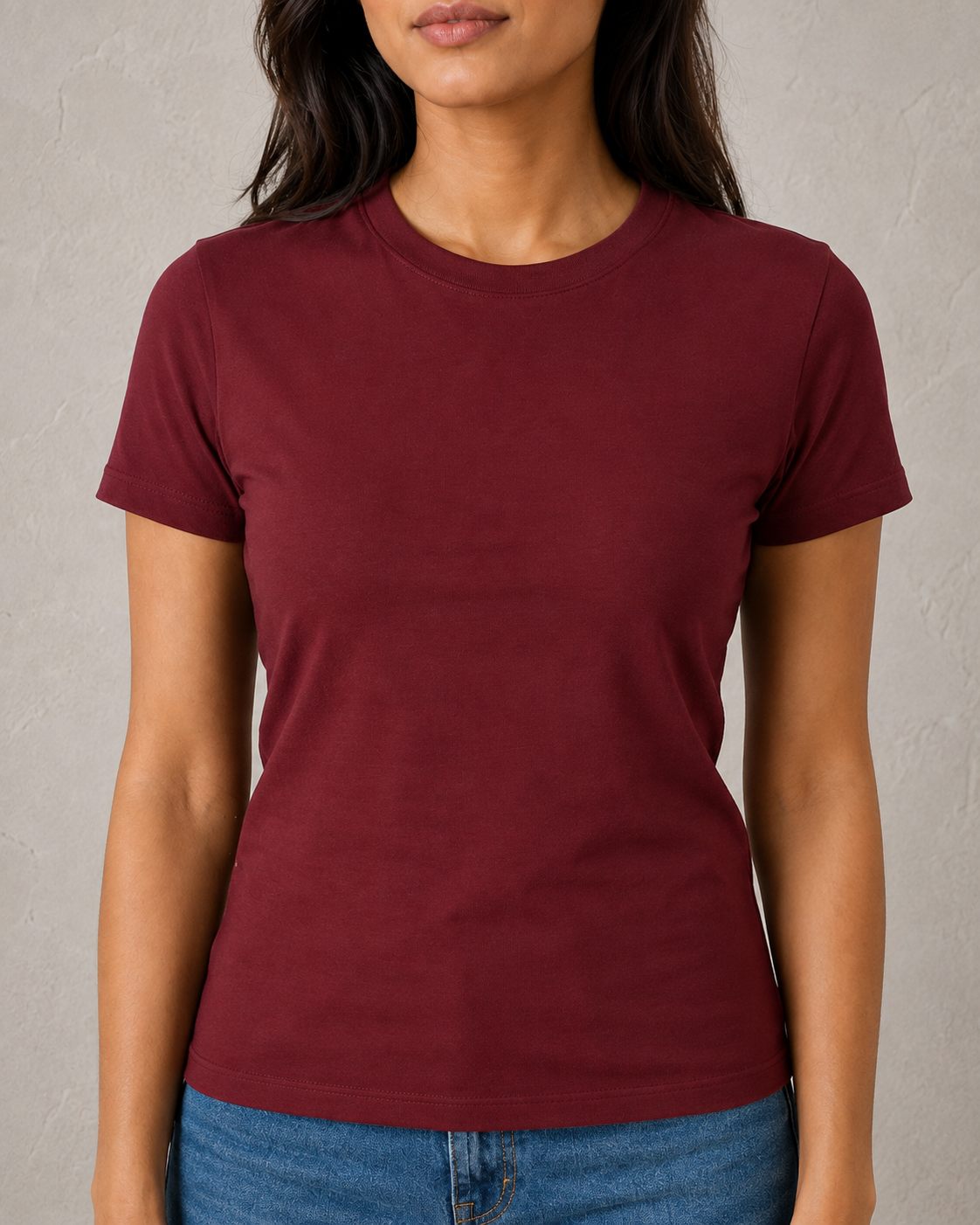 Everyday Fitted Crew-Neck Tee – Wine Red – fabric and fit close-up