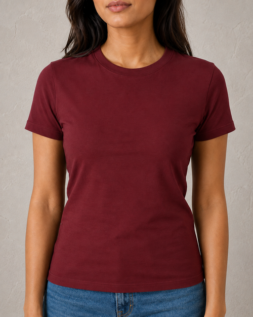Everyday Fitted Crew-Neck Tee – Wine Red – fabric and fit close-up