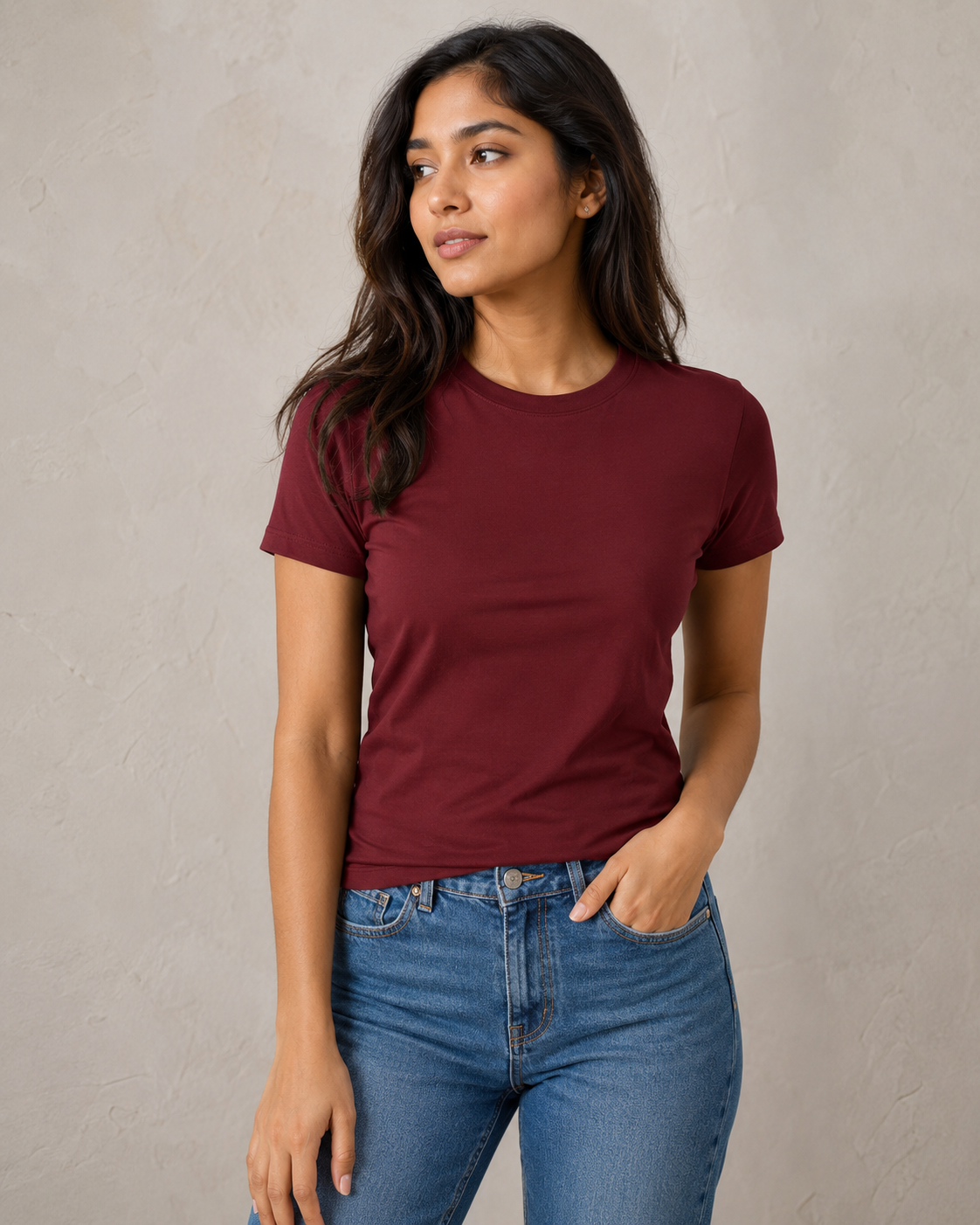 Everyday Fitted Crew-Neck Tee – Wine Red – model view